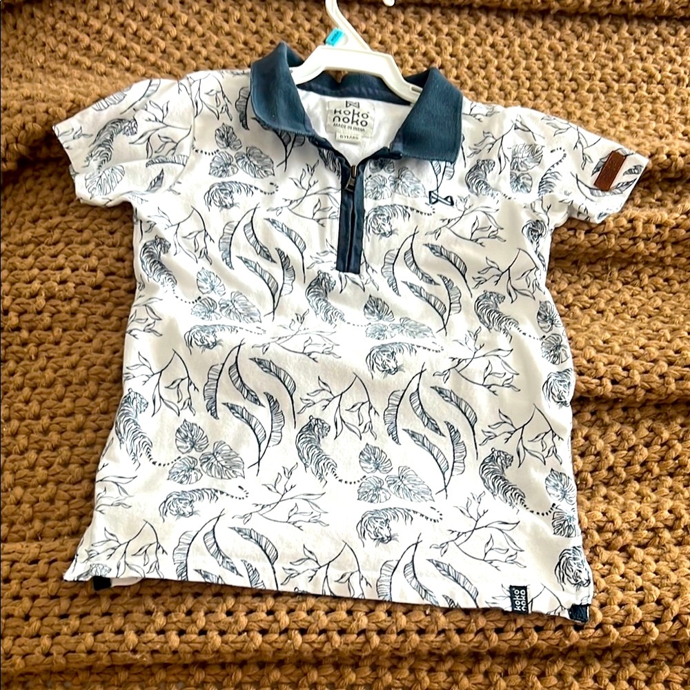 White and Blue Patterned Polo Shirt
